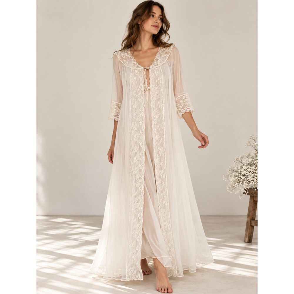 Vintage Shadowline 2Pc Peignoir Set L White Nylon Lace Nightgown Robe 60s 70s